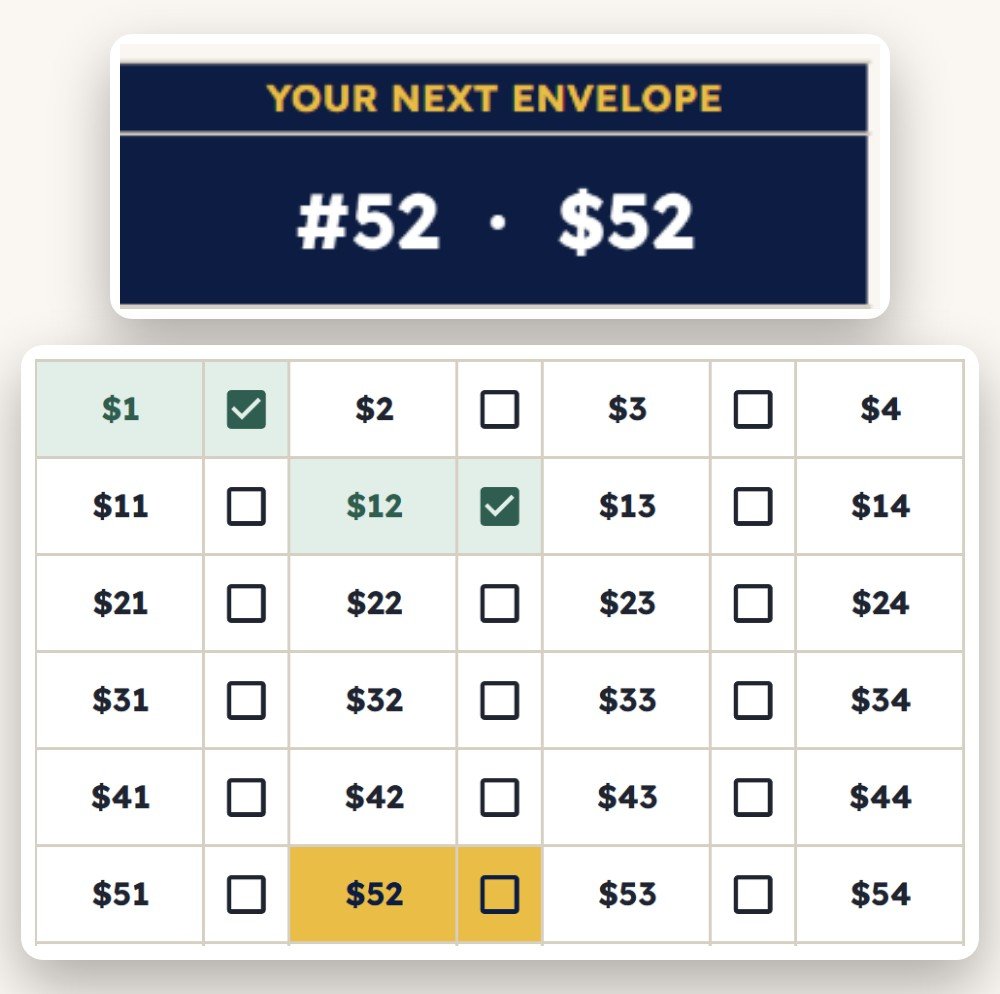 100 envelope challenge tracker grid with checkboxes and a random next envelope highlighted in gold