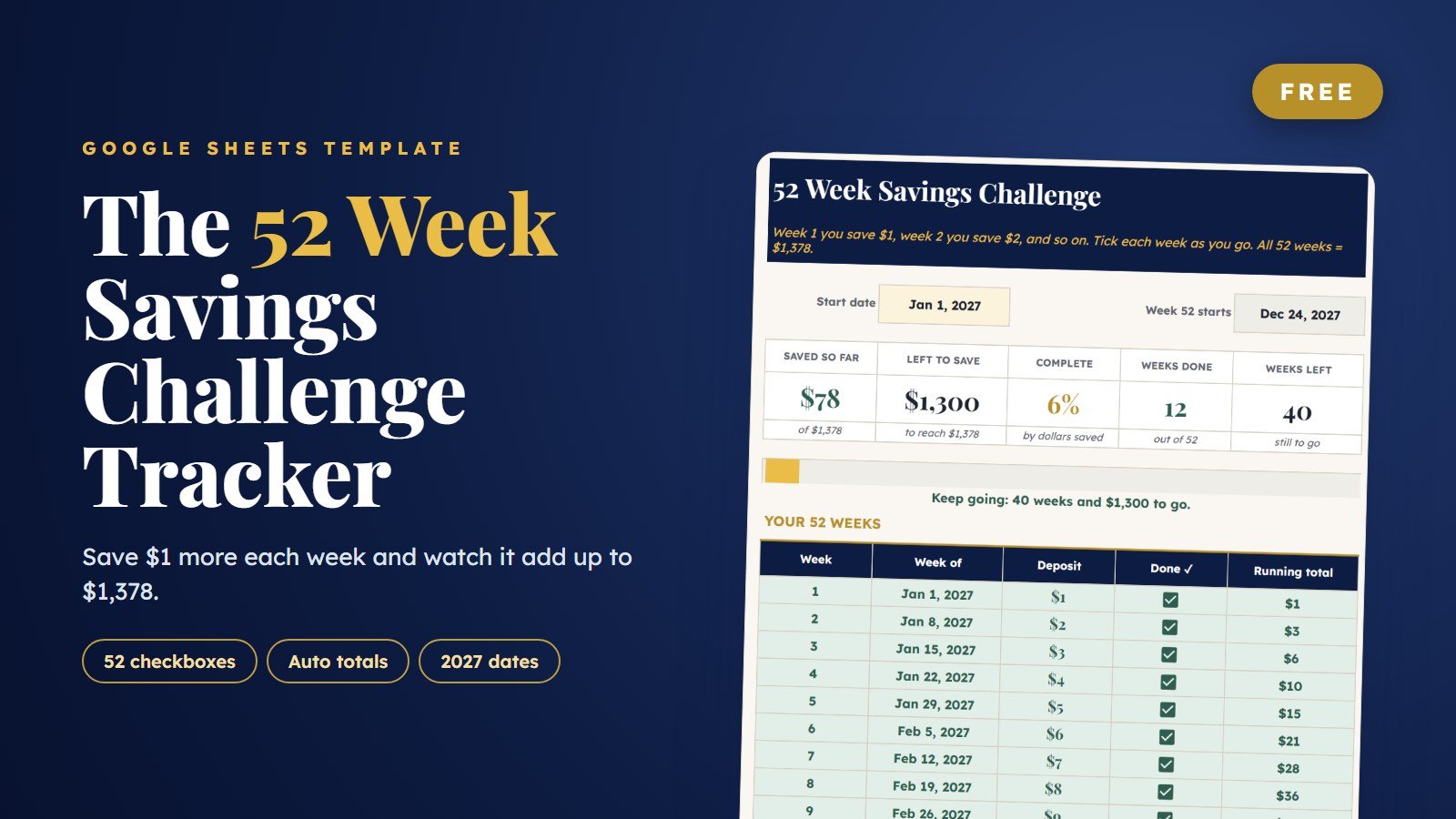 Free 52 Week Savings Challenge Tracker