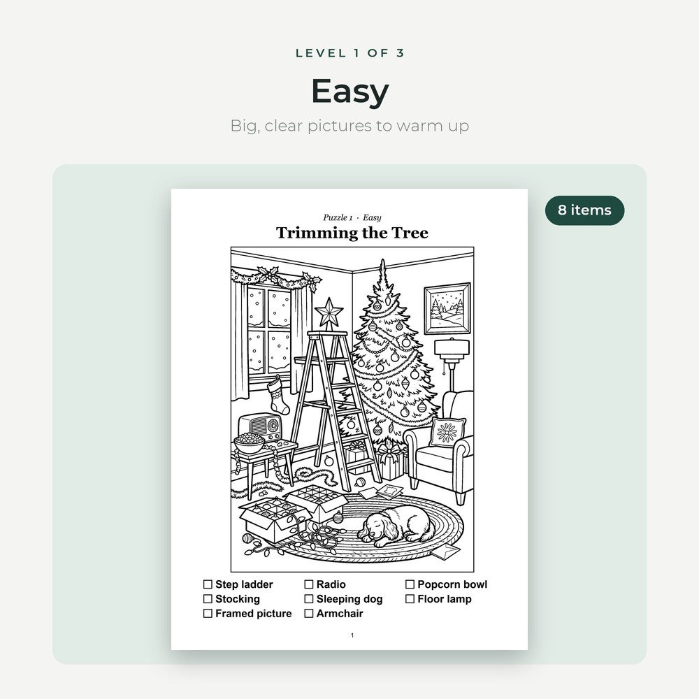 Easy Christmas hidden picture puzzle with 8 items to find
