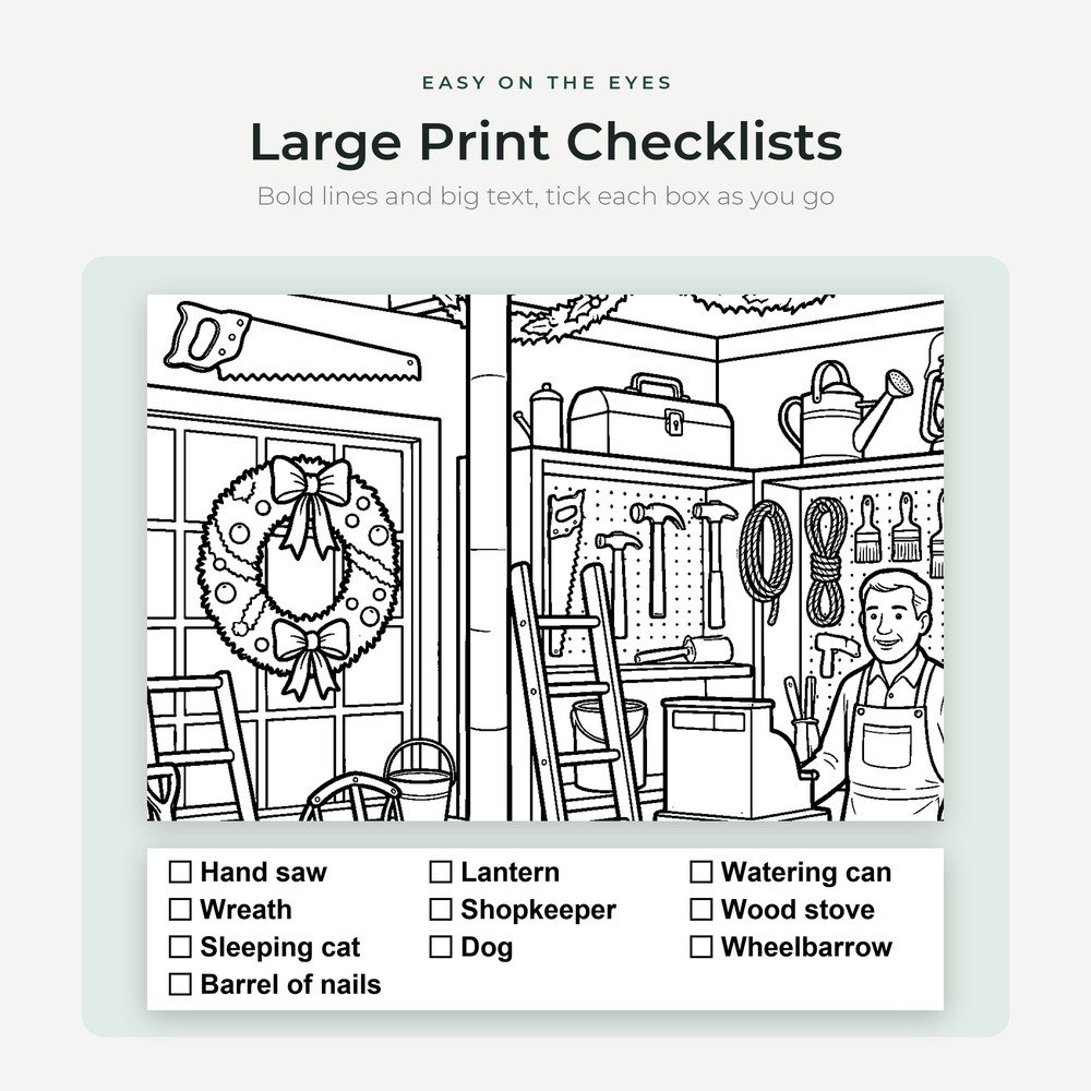 Large print checklist under a Christmas hidden picture puzzle for seniors