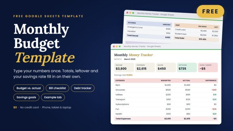 Free monthly budget template for Google Sheets with budget vs actual, savings, debt and bill trackers
