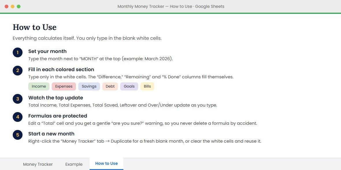How to Use tab of the free monthly budget template in Google Sheets