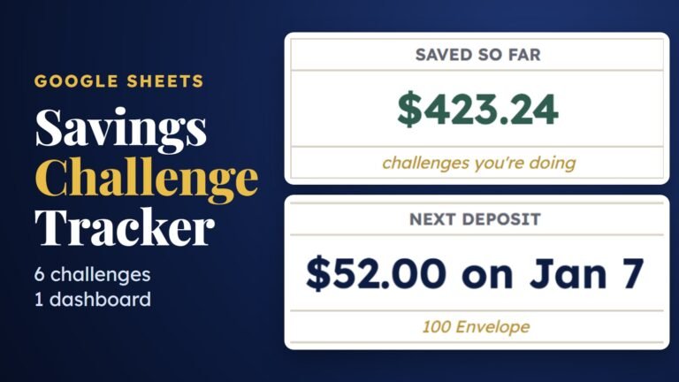 Savings Challenge Tracker for Google Sheets with saved so far and next deposit